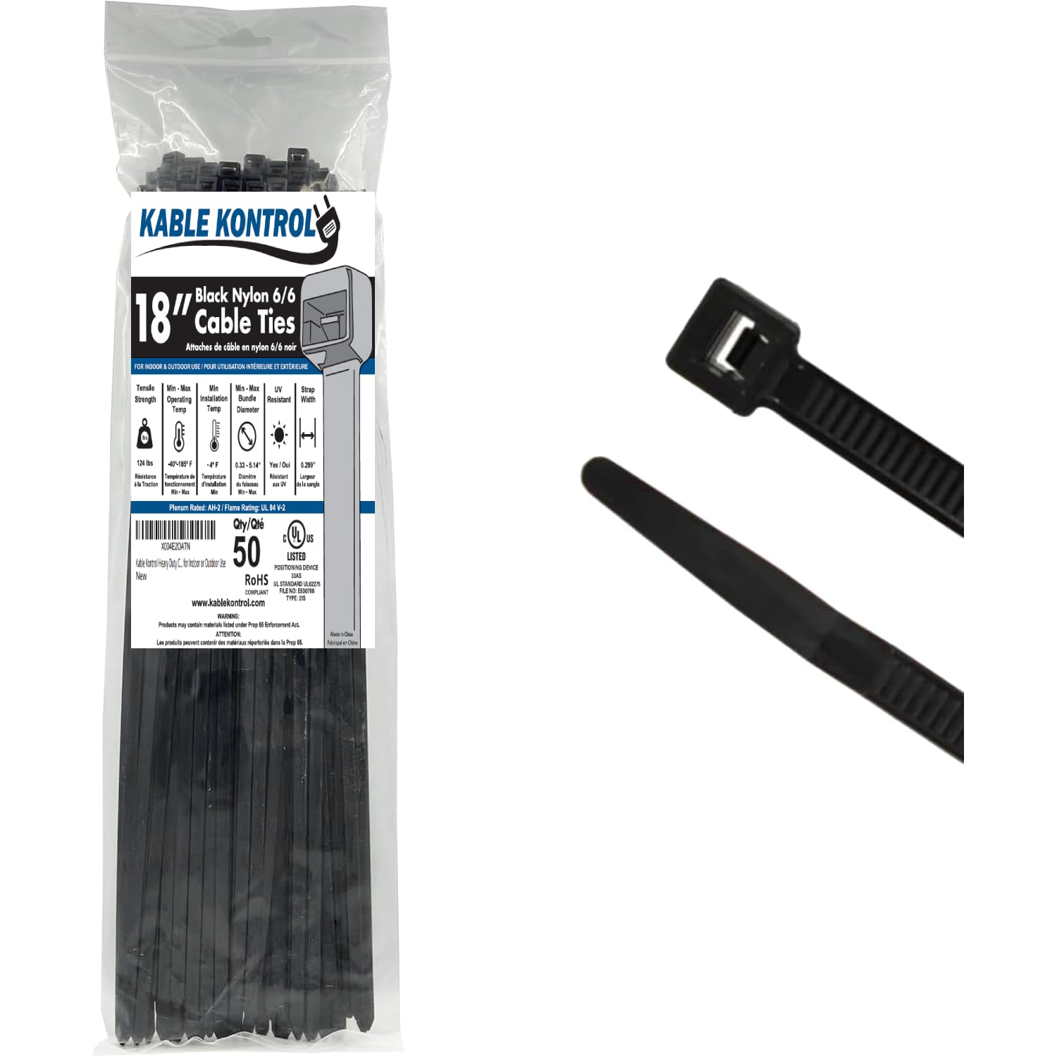 Kable Kontrol Black Cable Ties, 450 mm x 7.6 mm, Pack of 50, 18" Premium Nylon Zip Ties, Multi-Purpose Plastic Tie Wraps, Secure Self-Locking Mechanism, for Home, Garden, Office and DIY — image 1