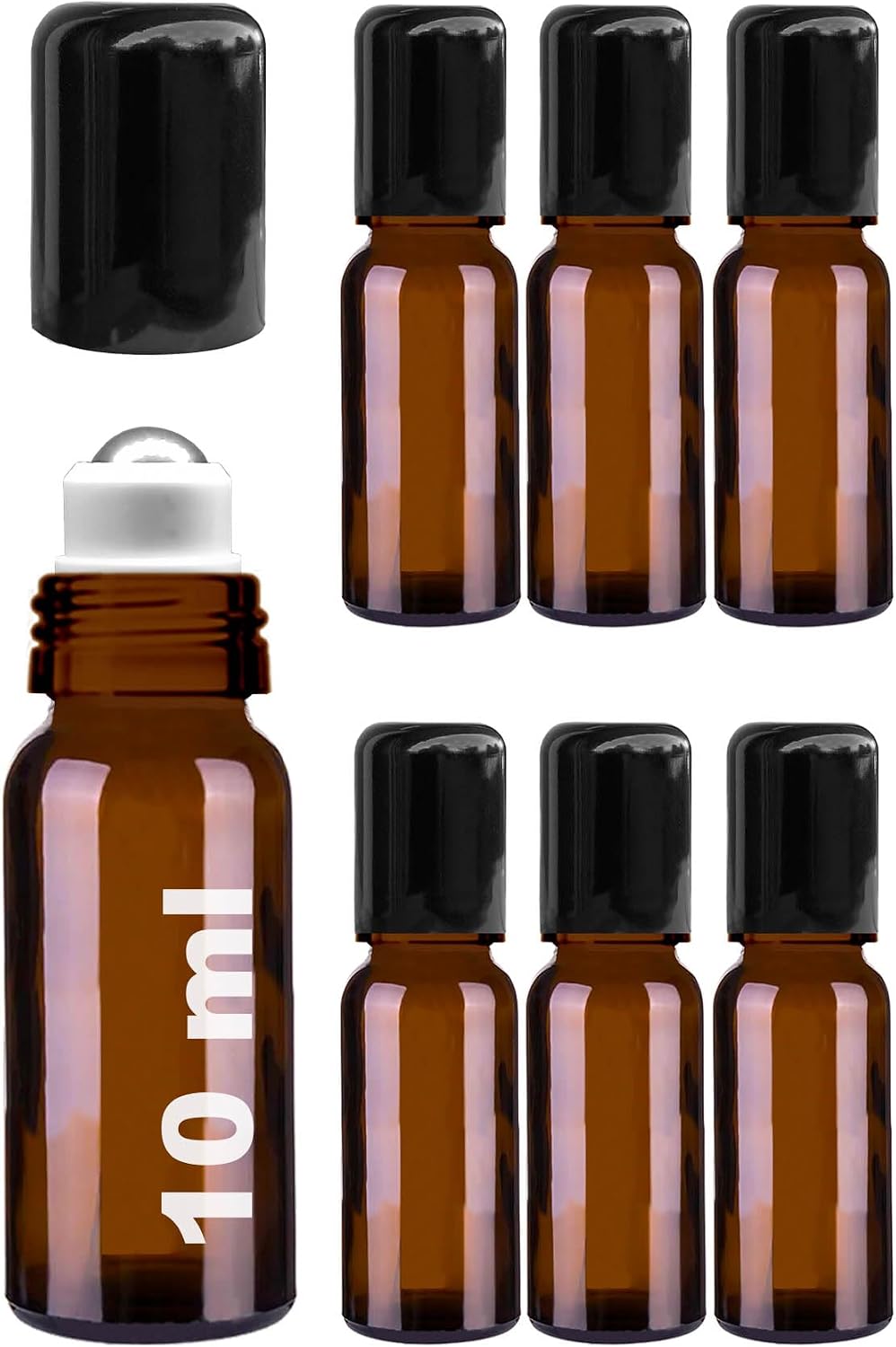 Afracam 10 ml Çelik Roll On Şişesi 10 cc Sızdırmaz Siyah Kapaklı Cam Şişe 6 Adet (Amber, 10)