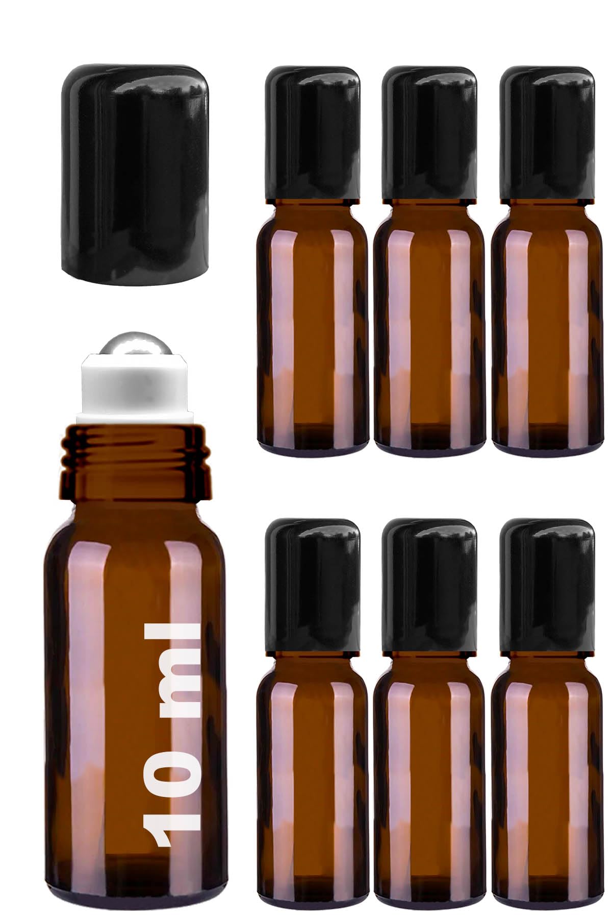Afracam 10 ml Çelik Roll On Şişesi 10 cc Sızdırmaz Siyah Kapaklı Cam Şişe 6 Adet (Amber, 10)