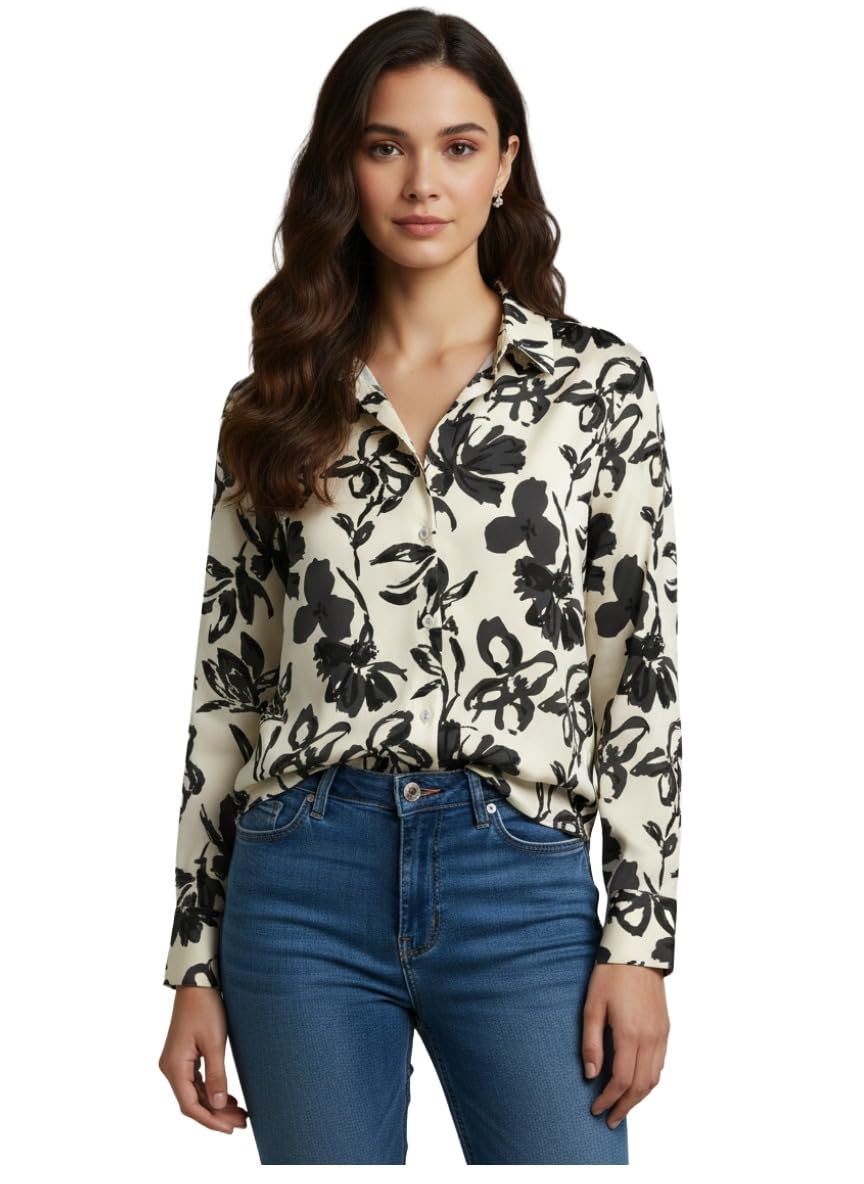 GoSriKi Printed Satin Shirt for Women | Full Sleeve Regular Fit Top | Collar Neck Casual Office Wear | Stylish Western Clothing for Daily, Wedding, Party Outfits in multi