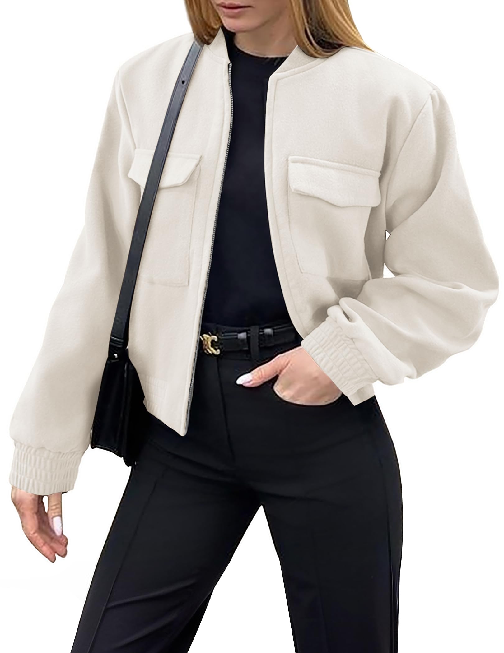 ZeagooWomens Cropped Jacket Stand Collar Long Sleeve Zip Up Shackets Bomber Jacket Coats with Pockets