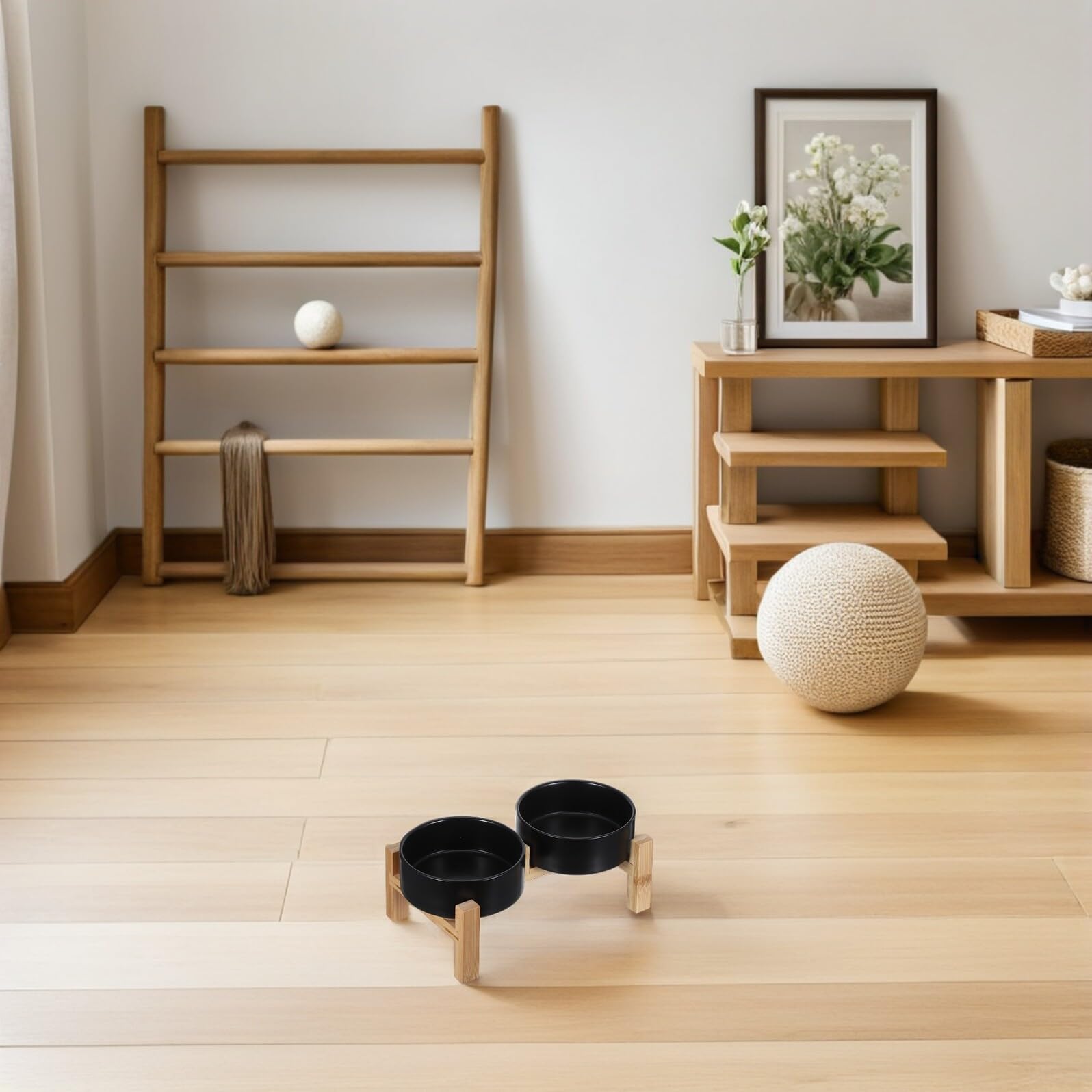 Toyvian Soporte para Comedero Elevado de Cerámica para Perros y Gatos Pequeño 13 Cm, Doble Cuenco Antideslizante Desmontable con Base de Madera Elevada para Alimentación Cómoda y Fácil