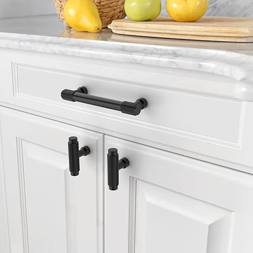 Miniatura 4 de Amerdeco Paquete de 10 tiradores de gabinete moleteados negro mate de 3-34 pulgadas (3.780 in) con agujero central para gabinetes de cocina,