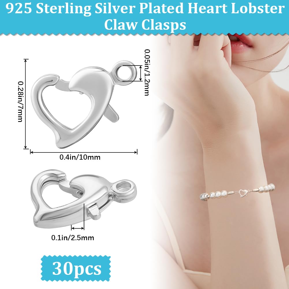 Beebeecraft 1 Box 30Pcs Heart Lobster Clasps 925 Sterling Silver Plated Brass Lobster Claw Jewelry Bracelet Clasps Connector with Jump Ring for Valentine's Day DIY Craft Jewellery Making - Image 2