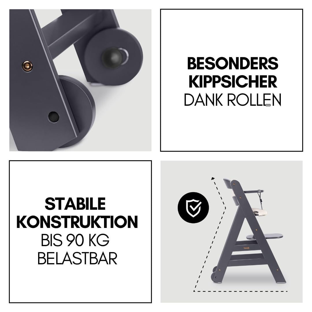 Hauck Beta+ Hochstuhl Newborn Set mit Deluxe Bouncer Dark Grey Mitwachsender Holz Kinderhochstuhl bis 90 kg