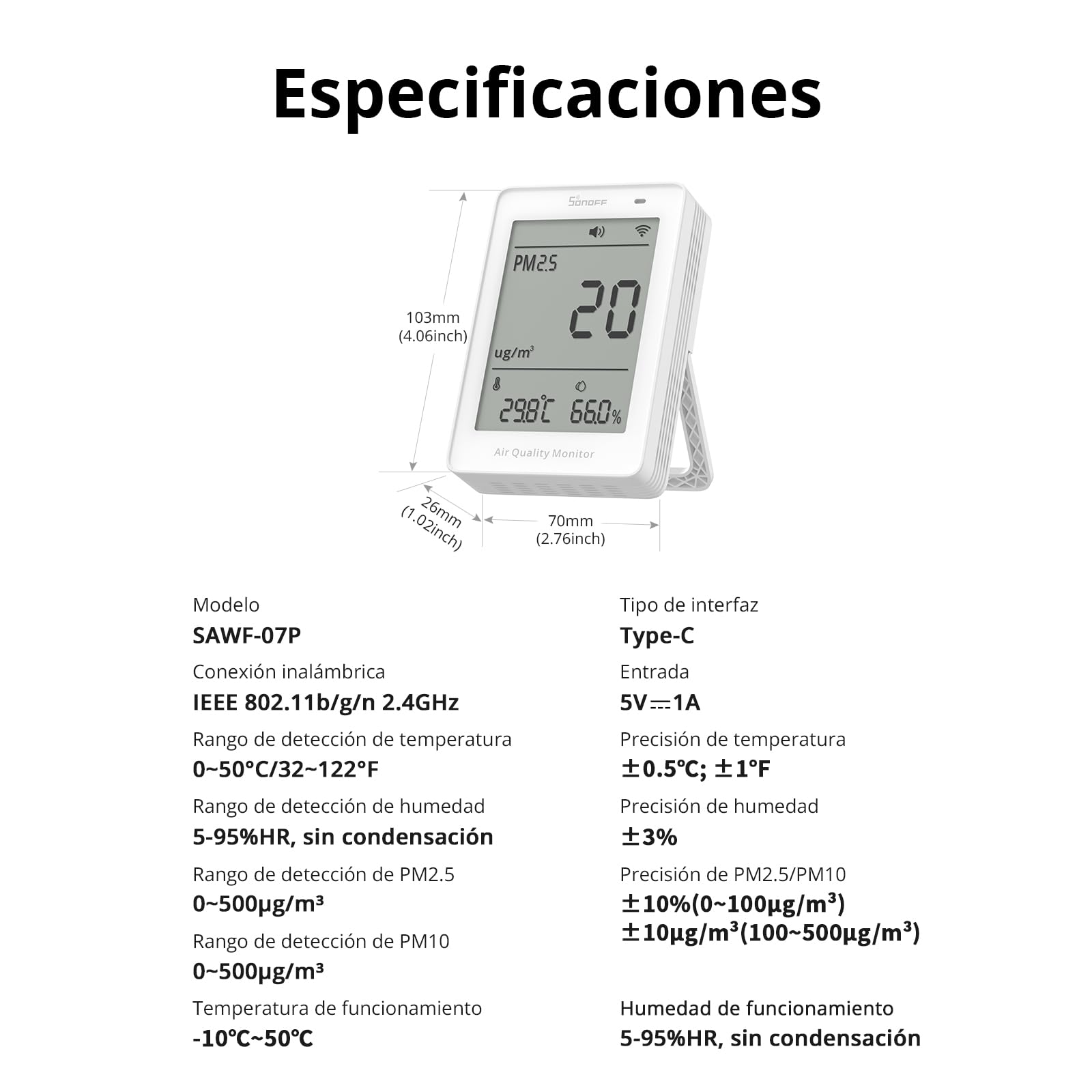 SONOFF Monitor inteligente de calidad del aire, PM2.5, detector PM10, temperatura/humedad, pantalla en tiempo real y alarma