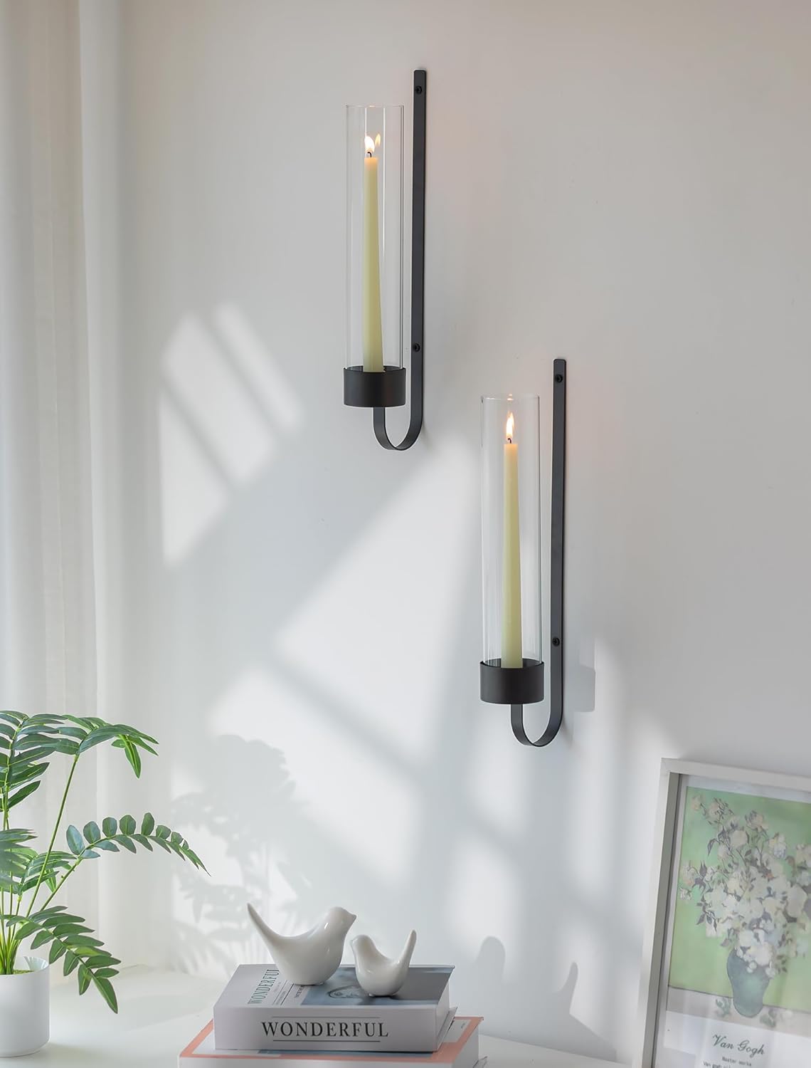 Sziqiqi Black Wall Candle Holders: Metal Candle Sconces for Taper Set of 2 Modern Wall Mounted Candlestick Holder with Hurricane Glass for Living Dining Room Bedroom Bathroom Outdoor