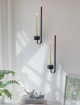Sziqiqi Wall Mounted Candle Holders, Set of 2, Black, with Glass Hurricane