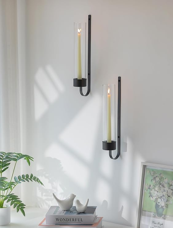 Sziqiqi Wall Mounted Candle Holders, Set of 2, Black, with Glass Hurricane