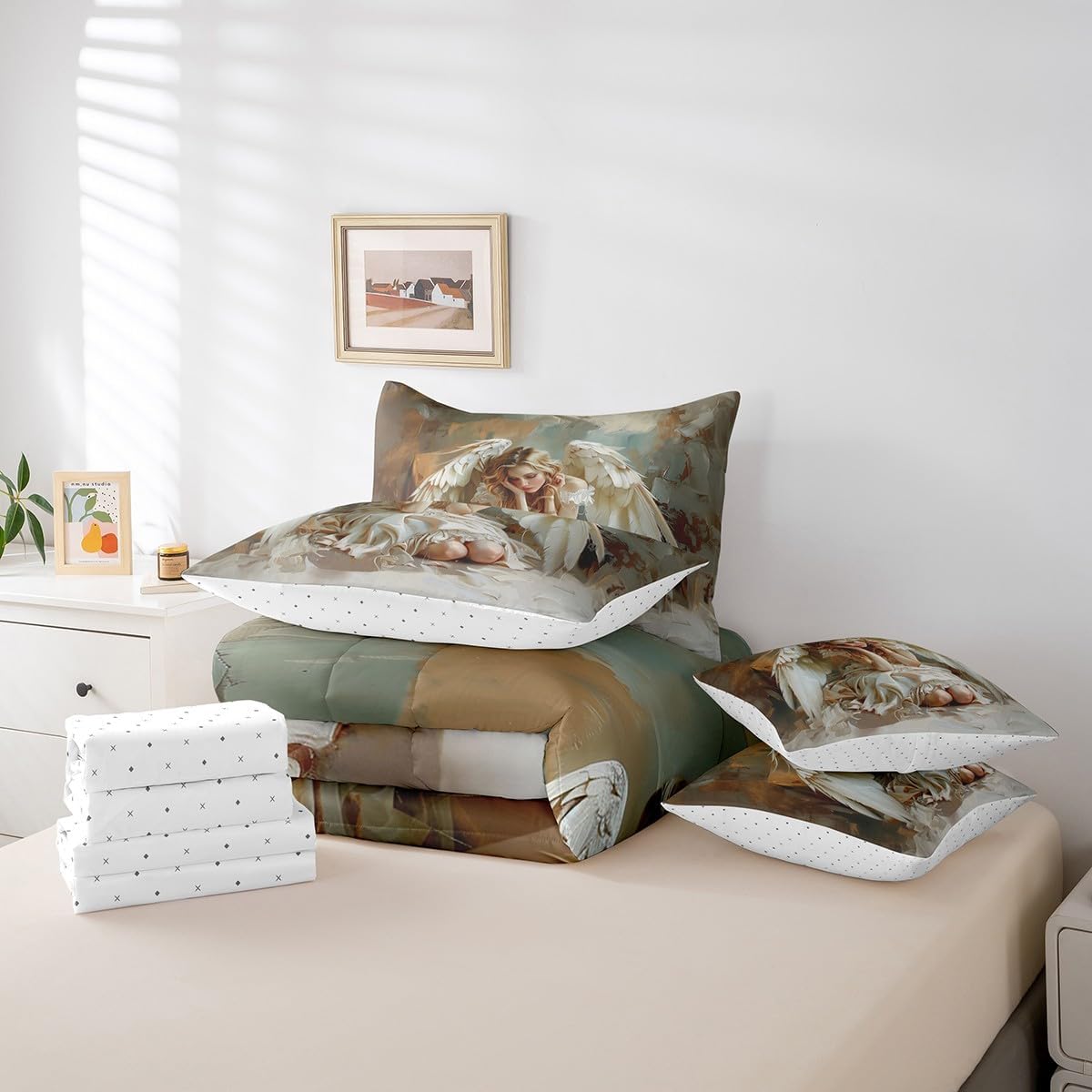 Erosebridal Angel Twin Bedding Set, Angel Wings Bed in A Bag,Watercolor Style Comforter Sets with Sheets, Oil Painting 7 Pieces Bed Set Bedroom Decor