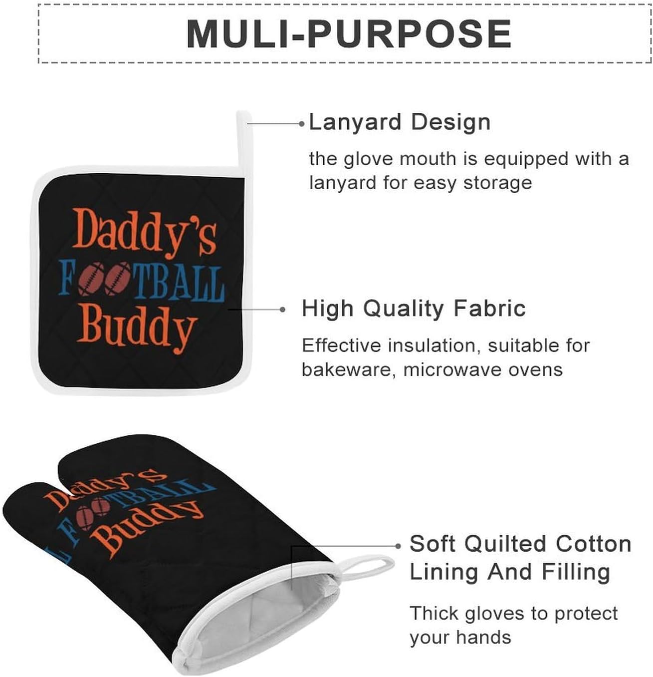 Daddy's Football Buddy Oven Mitts and Pot Holders 4Pcs Set Heat Resistant Cooking Mitts Hot Pads
