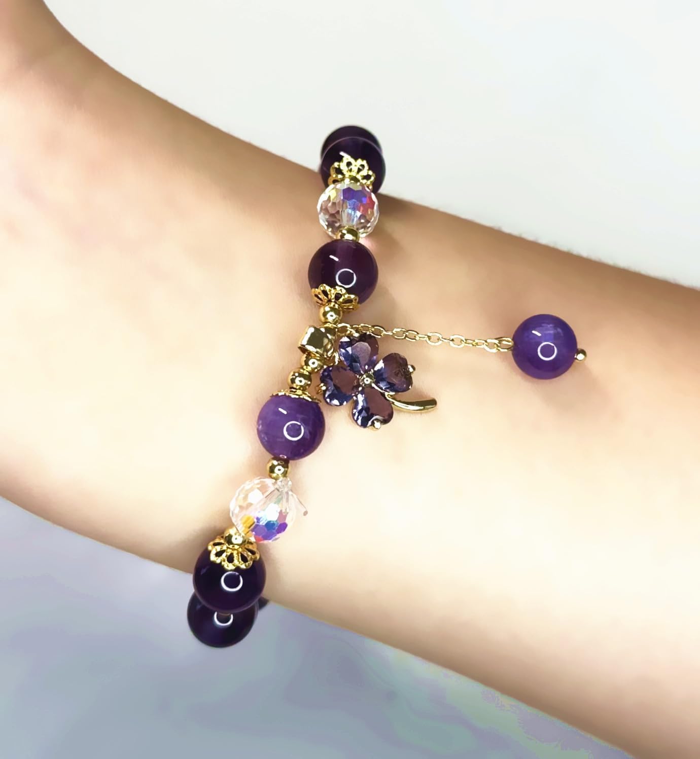 Handmade Amethyst Purple Crystal Four Leaf Clover Bracelet for Good Fortune - Image 4