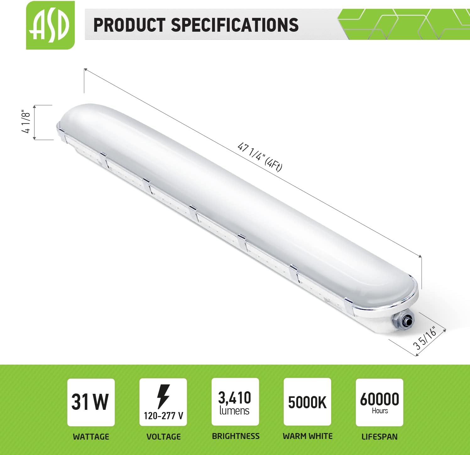 ASD 4FT LED Vapor Tight Light Fixture 31W, Commercial Lighting Products, Tube Light, LED Wall Light, 3410 Lm, IP66, 110W Eq, 120-277V, 5000K, Non-Dimmable, UL Listed
