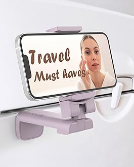 MiiKARE Travel Essentials Airplane Phone Holder, Universal Handsfree Phone Mount for Flying with 360 Degree Rotation, Travel Must Haves Phone Stand for Desk, Tray Table, Purple