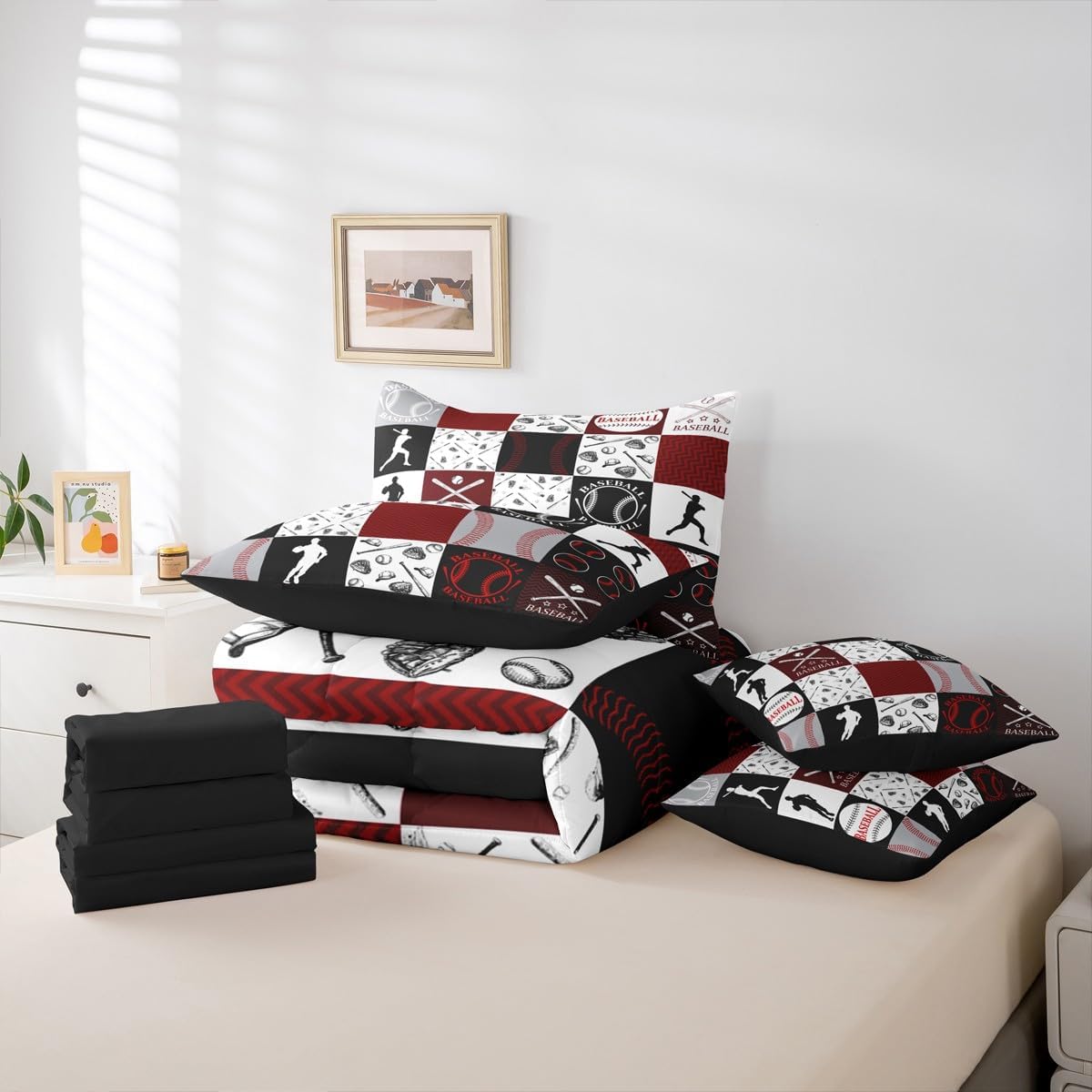 Feelyou Baseball Comforter Set with Sheets 7 Piece Twin Size Sports Geometric Grid Red Bedding Set for Kids Boys Girls Patchwork Baseball Bed in a Bag Room Decor Soft Lightweight Microfiber