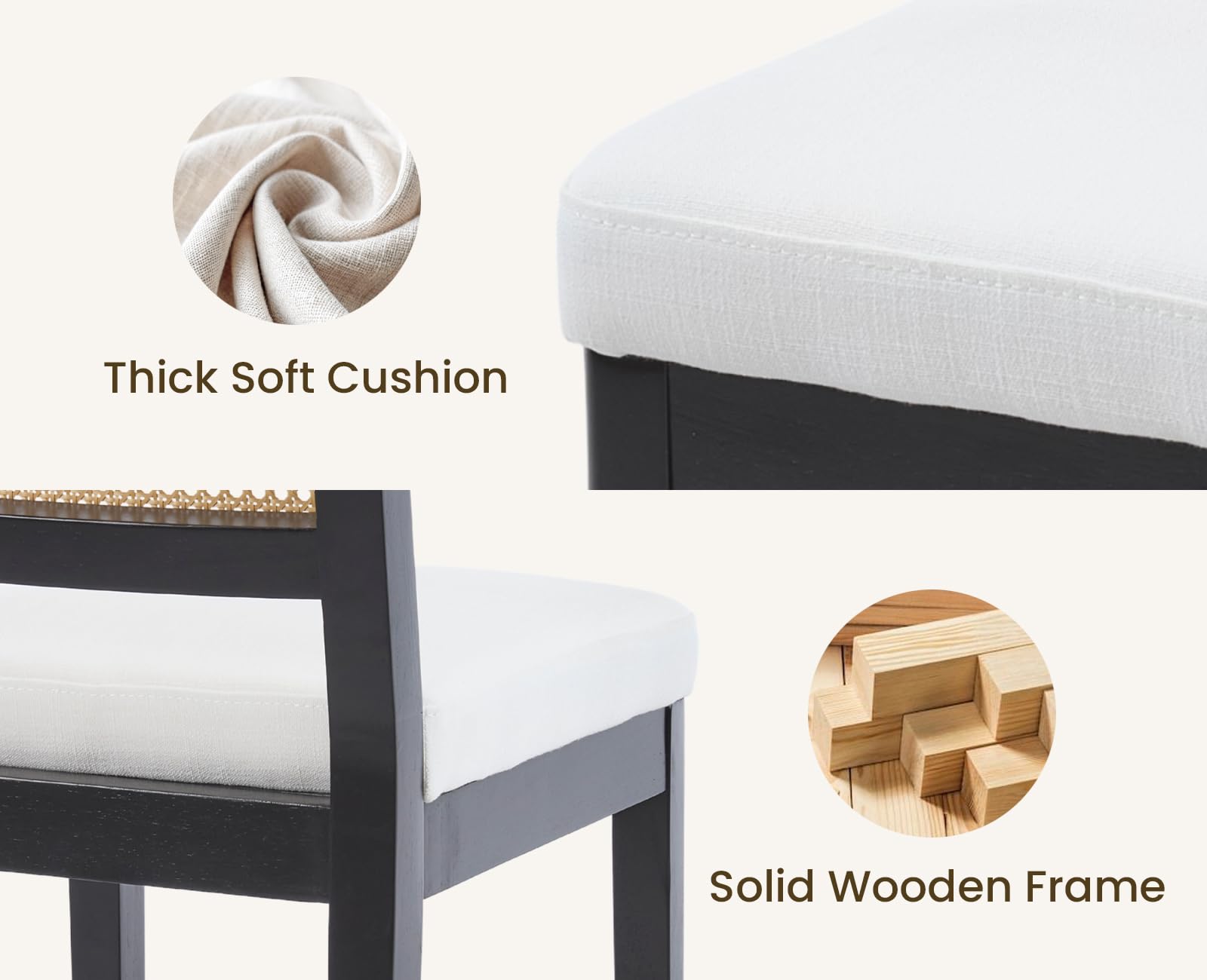 Lot de 2 tabourets de bar rétro avec dossier en tissu et rotin avec pieds en bois pour île/salon, tabourets de comptoir rembourrés noirs