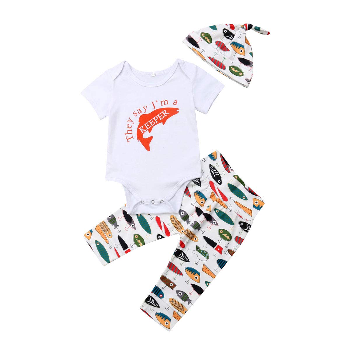 Newborn Infant Baby Girls Boys Daddy's Fishing Buddy Romper Bodysuit Fish Pants Hat 3Pcs Summer Outfit (0-3M, B)