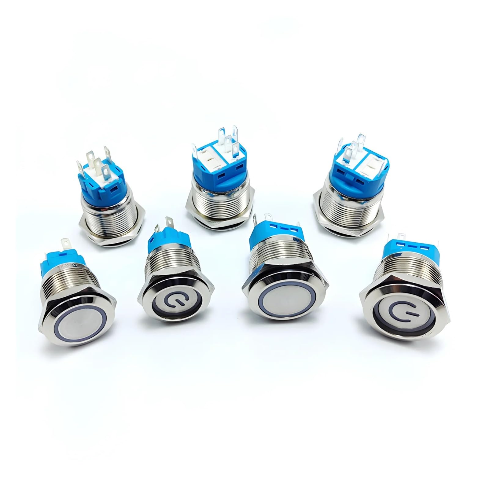 6 szt. 16 mm 19 mm 22 mm metalowy przełącznik przyciskowy chwilowy/zatrzaskowy płaski głowica LED światło czerwony żółty niebieski zielony biały (niebieski 1,22 mm, blokujący)