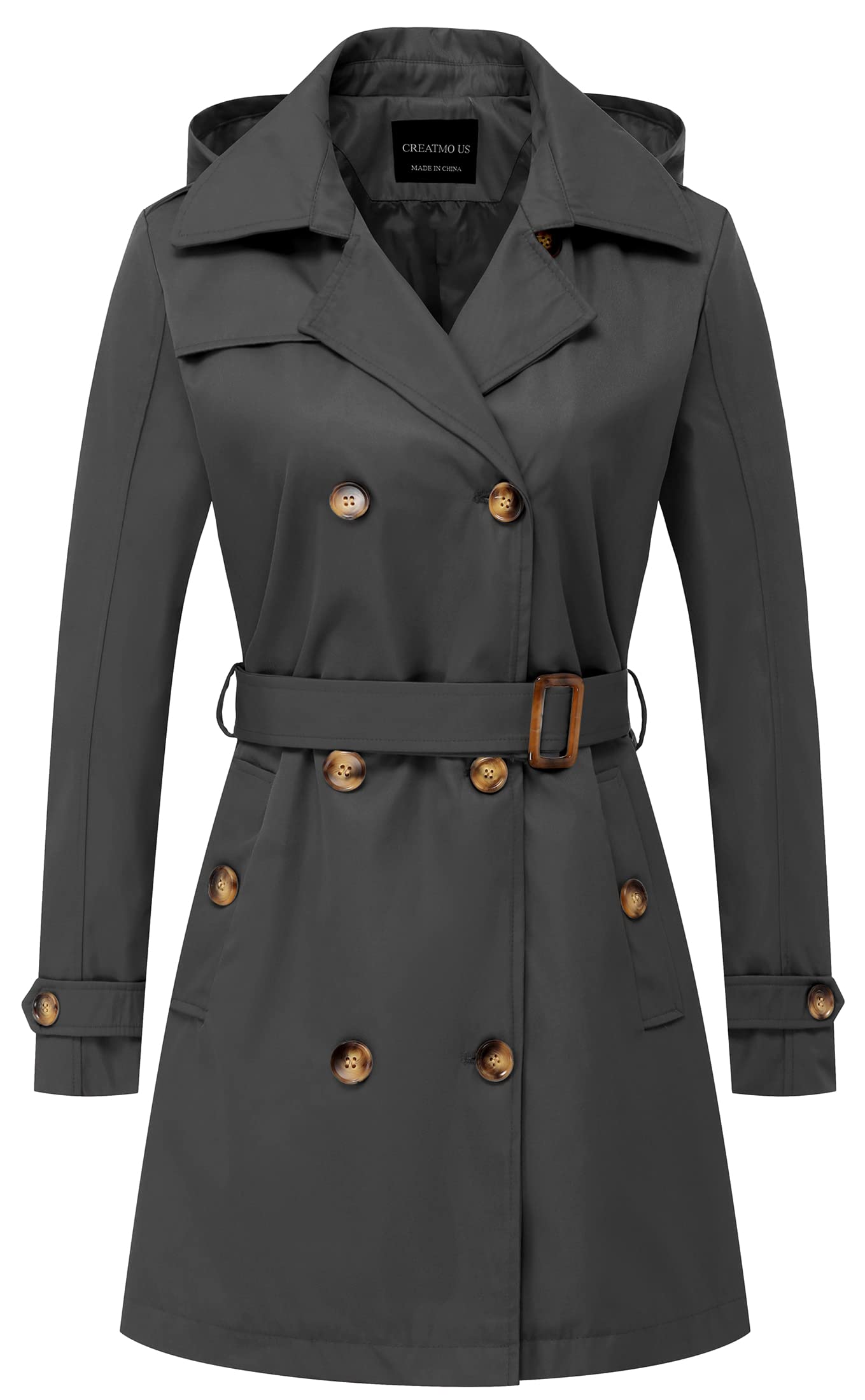 CREATMO US Women's Trench Coat Double-Breasted Classic Lapel Overcoat Belted Slim Outerwear Coat with Detachable Hood