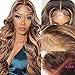 4/27 Brown Honey Blonde Highlight Ombre Lace Front Wigs Human Hair T Part HD Transparent Lace Body Wave Wigs 180% Density Brazilian Human Hair Brown Mix Golden Colored Wigs for Women(26 Inch)