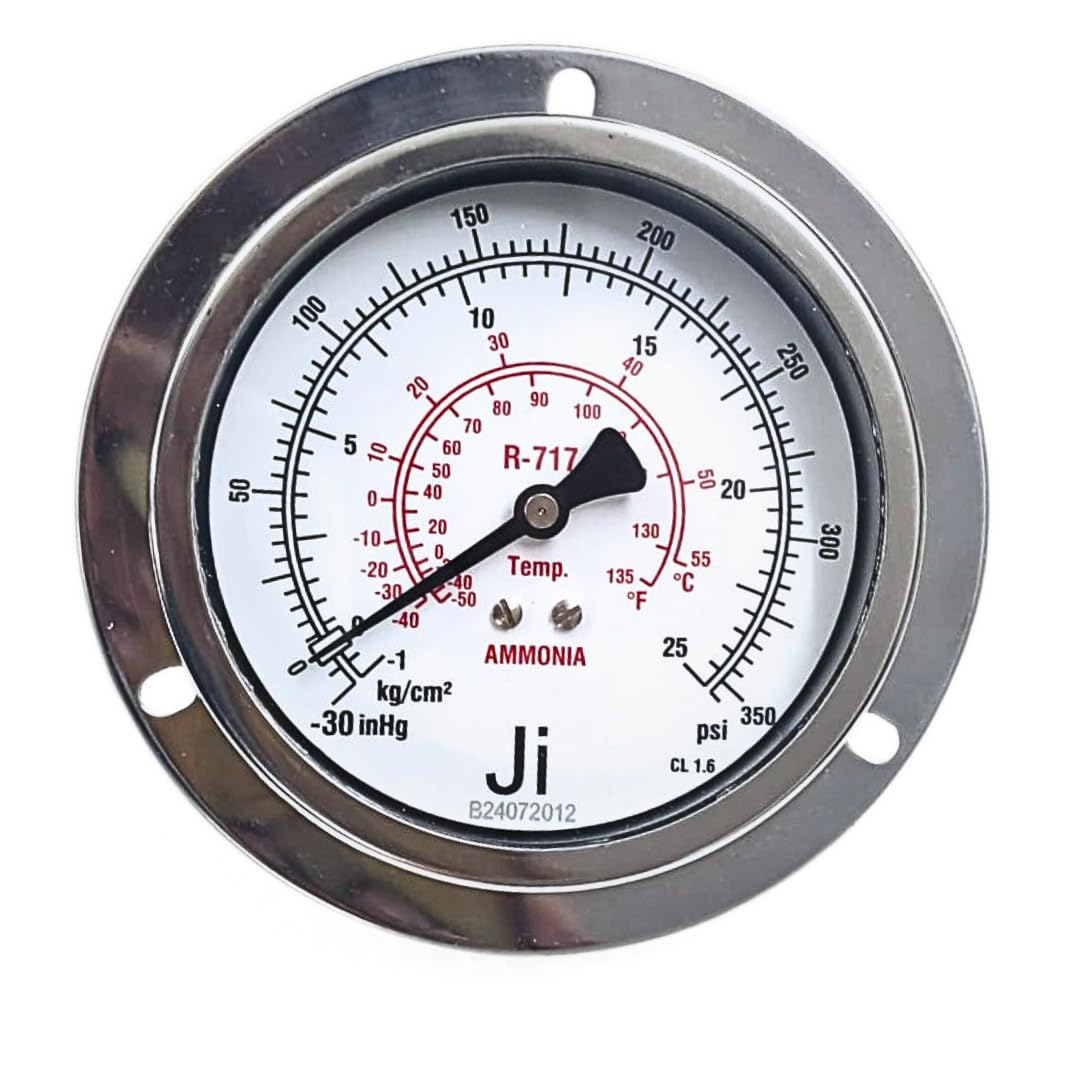 "JI" Japsin Instrumentation Economical Ammonia Gauge, 4" (100 mm) Dial, Range -30 inHg to 360 PSI with a dual scale of -1 to 25 Kg/cm2, Panel Mounting Back Entry, 3/8" BSP (M) Connection, SS Body-image-30