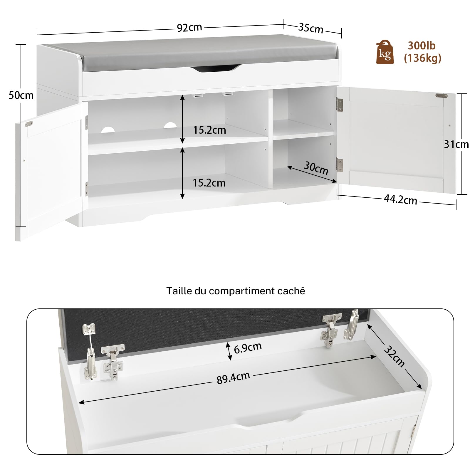 TEENFON 92cm Scarpiera Panca,Panca Contenitore con Cuscino,2 Ripiani Regolabili,Scarpiera per Ingresso, Camera da Letto,92x35x50cm (Bianco)