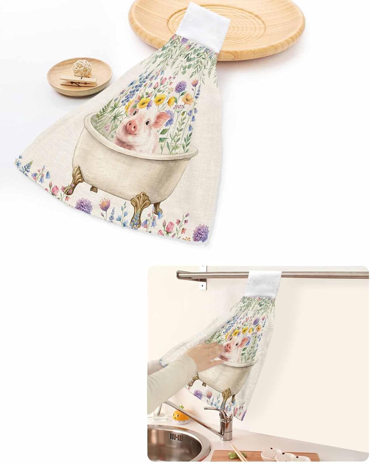 Spring Floral Pig Kitchen Hand Towels with Hanging Loops Set of 2 Weeping Flowers Leaves Farmhouse Rustic Soft Thick Oven Fingertip Dry Microfiber Tie Dish Towel Absorbent Cleaning Washcloth