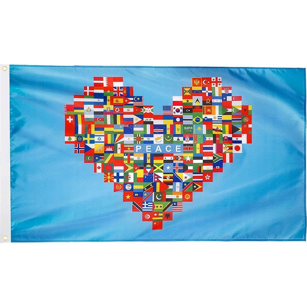 Tsffae World Peace Flag International Global World Country Banner with Heart of Peace Vibrat Color Polyster Flag 90 * 150cm