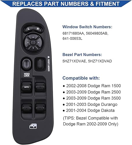 Miniatura 2 de Interruptor y bisel Master Power 56049805AB, compatible con Dodge Ram 1500 2500 3500 2002-2009, Dodge Dakota 2001-2004, Dodge Durango 01-03, Dodge