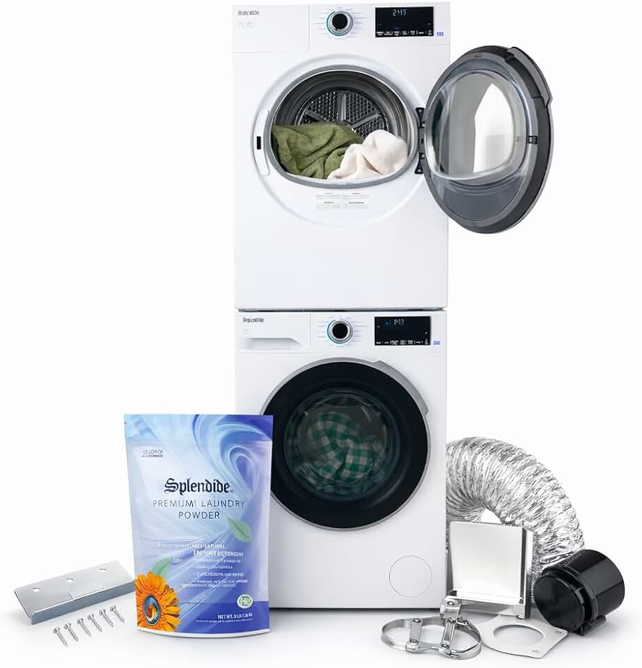 Splendide DV1725X & WFL2500X Replaces WFL1300XD Washer & DV6500X Dryer Stacked Bundle with Vent Kit & SK04 Stack Kit Included + Starter Laundry Powder - Updated Design- Freight Delivery