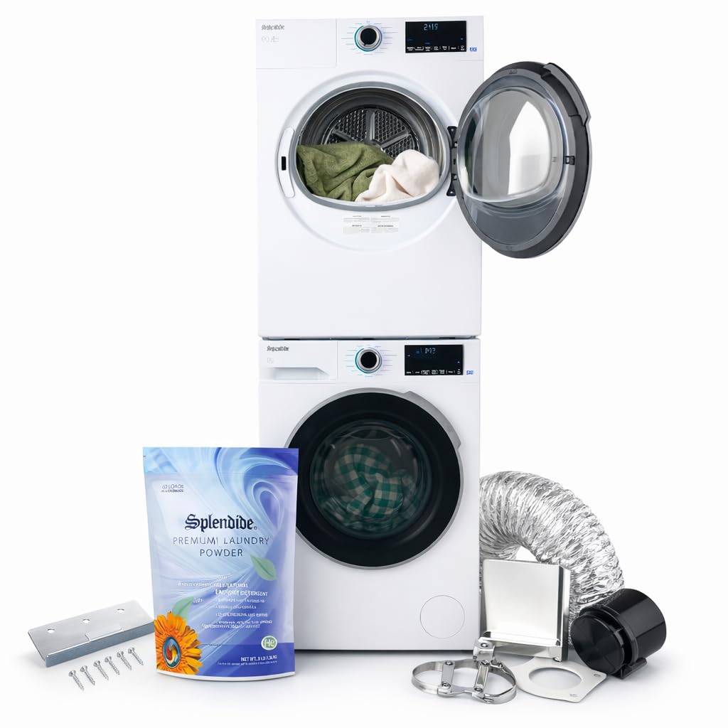 Splendide DV1725X & WFL2500X Replaces WFL1300XD Washer & DV6500X Dryer Stacked Bundle with Vent Kit & SK04 Stack Kit Included + Starter Laundry Powder - Updated Design- Freight Delivery