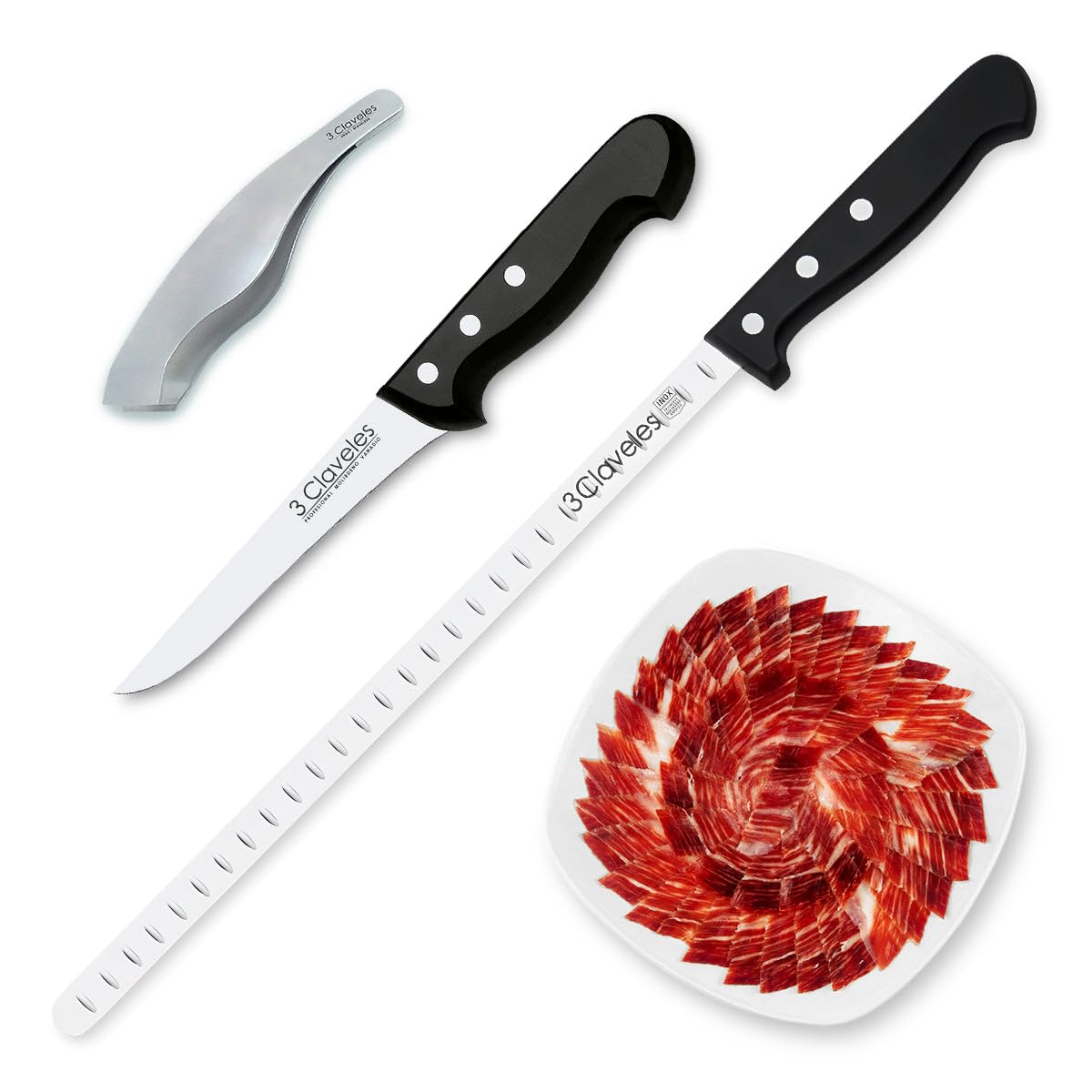 PracticFood Juego de Cuchillos Profesionales Selección Super Chef, Jamonero Alveolado 29 cm y Accesorios (ESSENTIAL1)