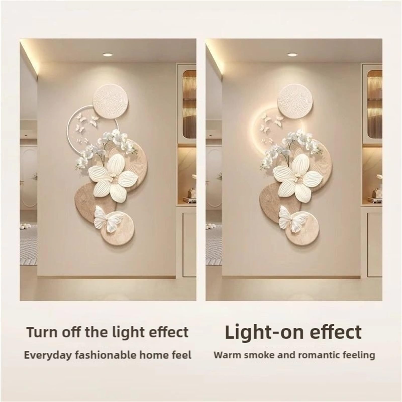 Cuadro Decorativo Floral con Luces LED, Fuente de alimentación enchufable, Mural de Porcelana cristalina para Sala de Estar, Dormitorio, Oficina y decoración del hogar (60 x 120 cm