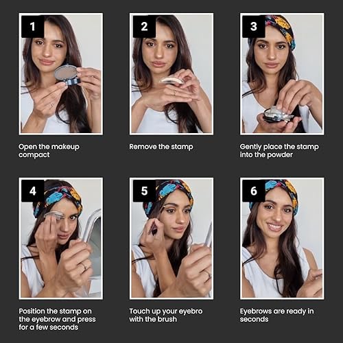 Miniatura 7 de Kit de sellos de cejas y plantillas para cejas, kit de cejas trío para cejas, incluye cepillo para cejas y diadema de cortesía, Marrón oscuro