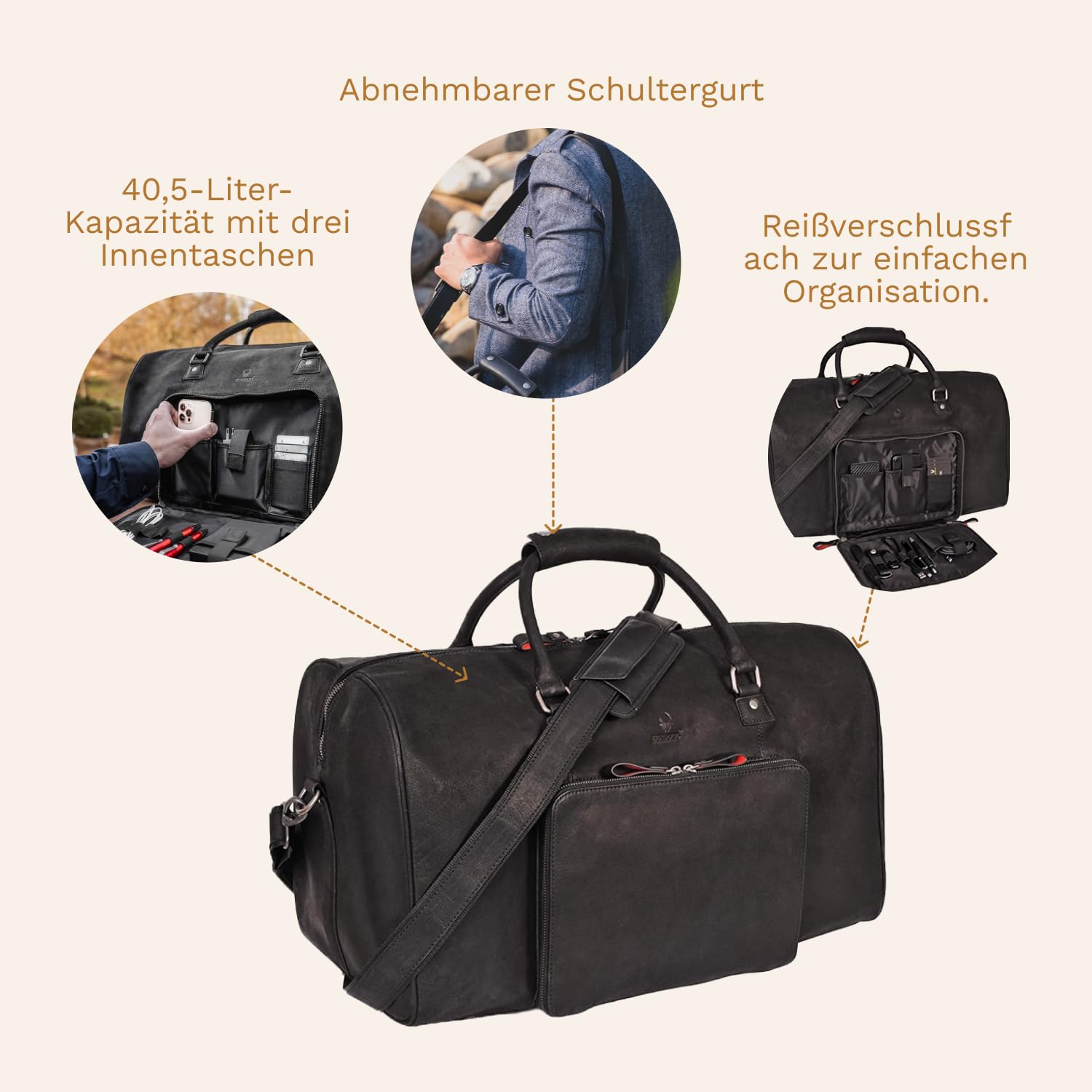 DONBOLSO® Weekender Neapel - Hochwertige Reisetasche Herren groß - Leder Reisetasche Schwarz - Größe L mit 40 Litern, Handgepäck Ledertasche - Klassischer Donbolso Vintage Schwarz
