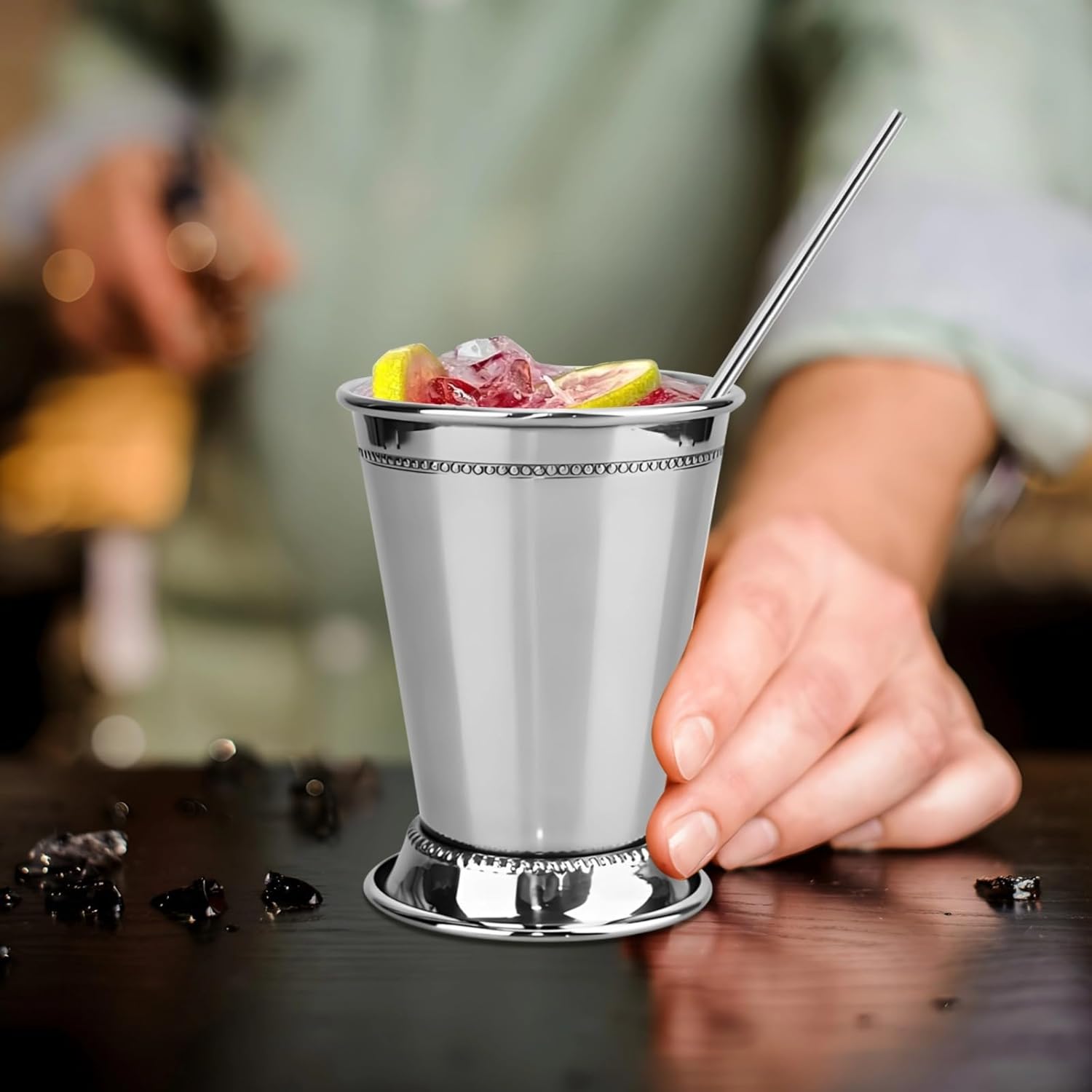 4 Mint Julep Cups and Straws Set, Stainless Steel Cocktail Glasses, Copper Coated, Holds 12 Oz, Ideal for Mojitos, Packaged in Gift Box
