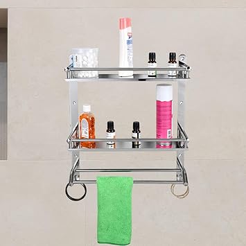 Premium Stainless Steel 2-Layer Bathroom Shelf with Towel Bar| Multipurpose Wall Mount Shelves | Kitchen Shelf | Bathroom Accessories - Space-Saving Organizer (40.5cm x 38cm x 12cm)