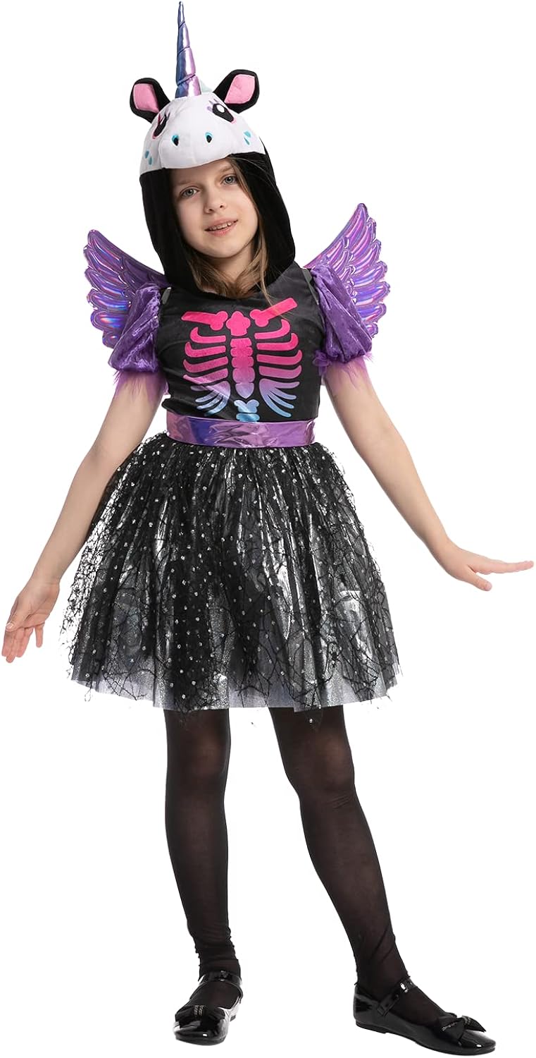 Disfraz de esqueleto de unicornio oscuro para niñas y niños disfraz de unicornio zombi para Halloween cosplay de esqueleto