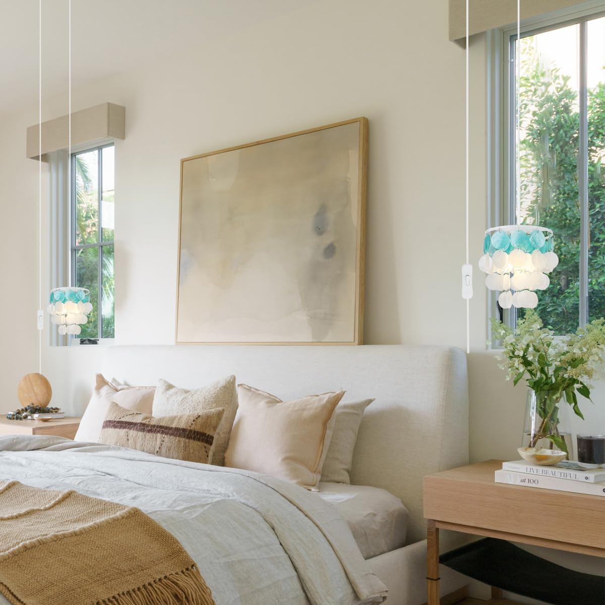 Capiz Shell Samll Chandelier, 1-Light Plug in Shells Pendant Lights with ON/Off Switch for Kitchen Island, Dining Room, Bedroom Room, Coastal House, White and Blue