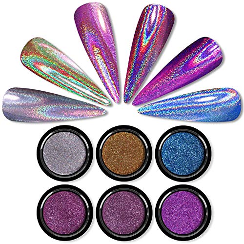 Saviland Holographic Nail Powder Set - 6 Colors Rainbow Holo Unicorn Multi Chrome Nail Powder Mirror Laser Effect Holographic Powder for Nails Decoration Salon Home Nail Art Supplies
