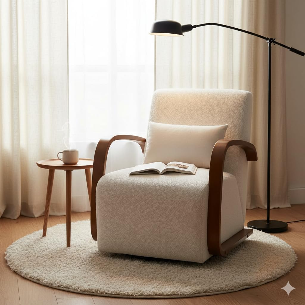 Swivel Accent Chair with Soild Wood Armrest, Modern Lounge Conversation Chair with Pillow, 360-Degree Rotation for Living Room, Office (Fabric, Beige)