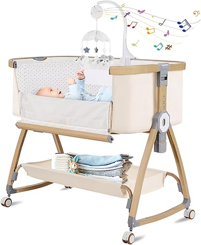 Moisés de noche, cuna mecedora, cuna portátil 3 en 1 con colchón, móvil, mosquitera, cesta de almacenamiento, cuna de bebé ajustable de 6 alturas