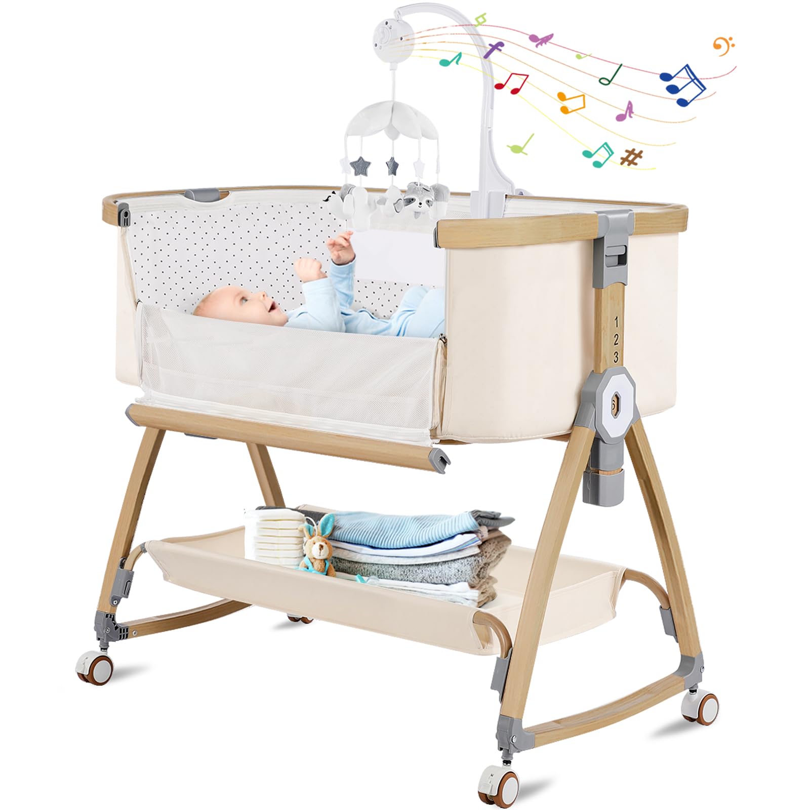 Bassinet Bedside Sleeper, 4 in 1 Portable Bedside Crib with Mattress, Beige