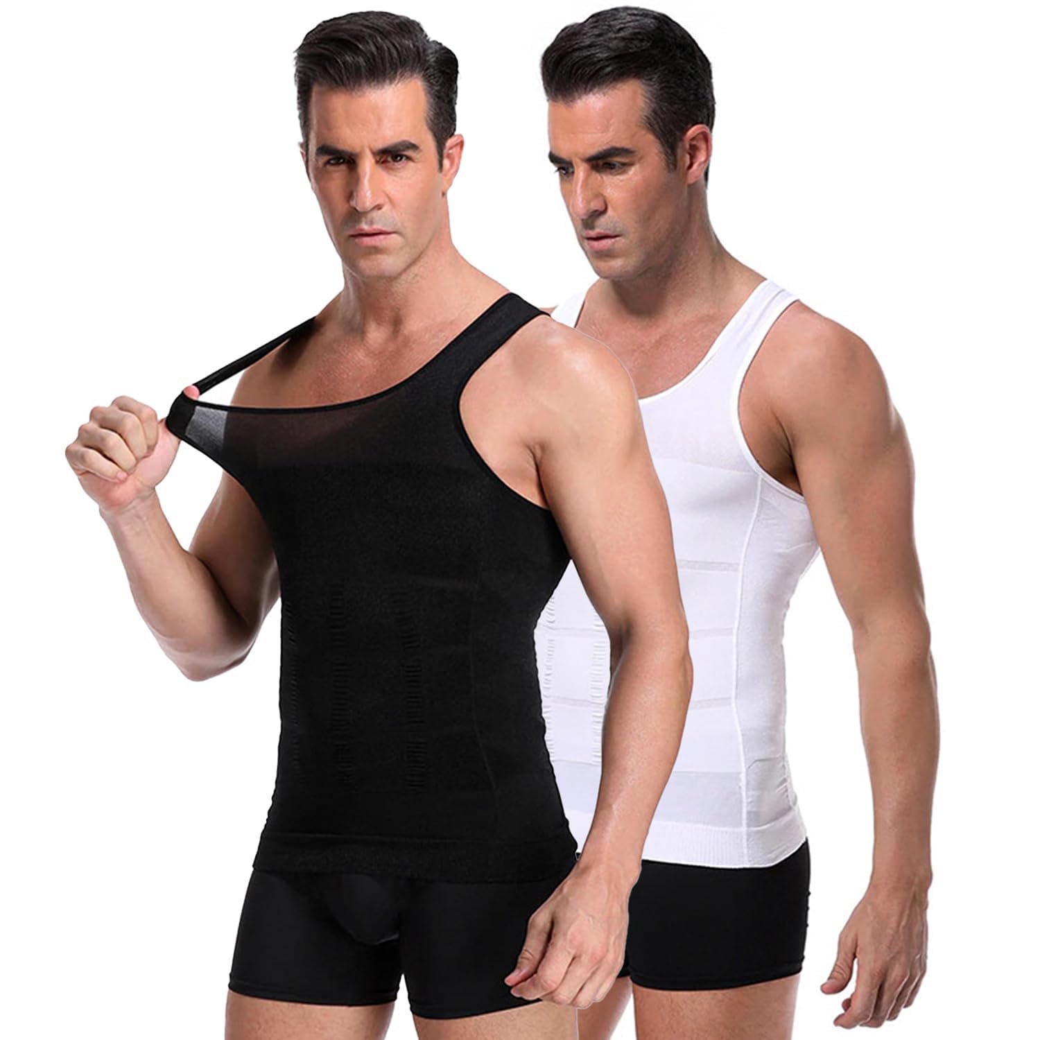 Men Compression Shirt for Workout Vest Abs Abdomen Slim Body Shaper Undershirt Slimming Shirt to Hide Gynecomastia Stretchable Tummy Tucker Vest - Pack of 2 - (Black & White)