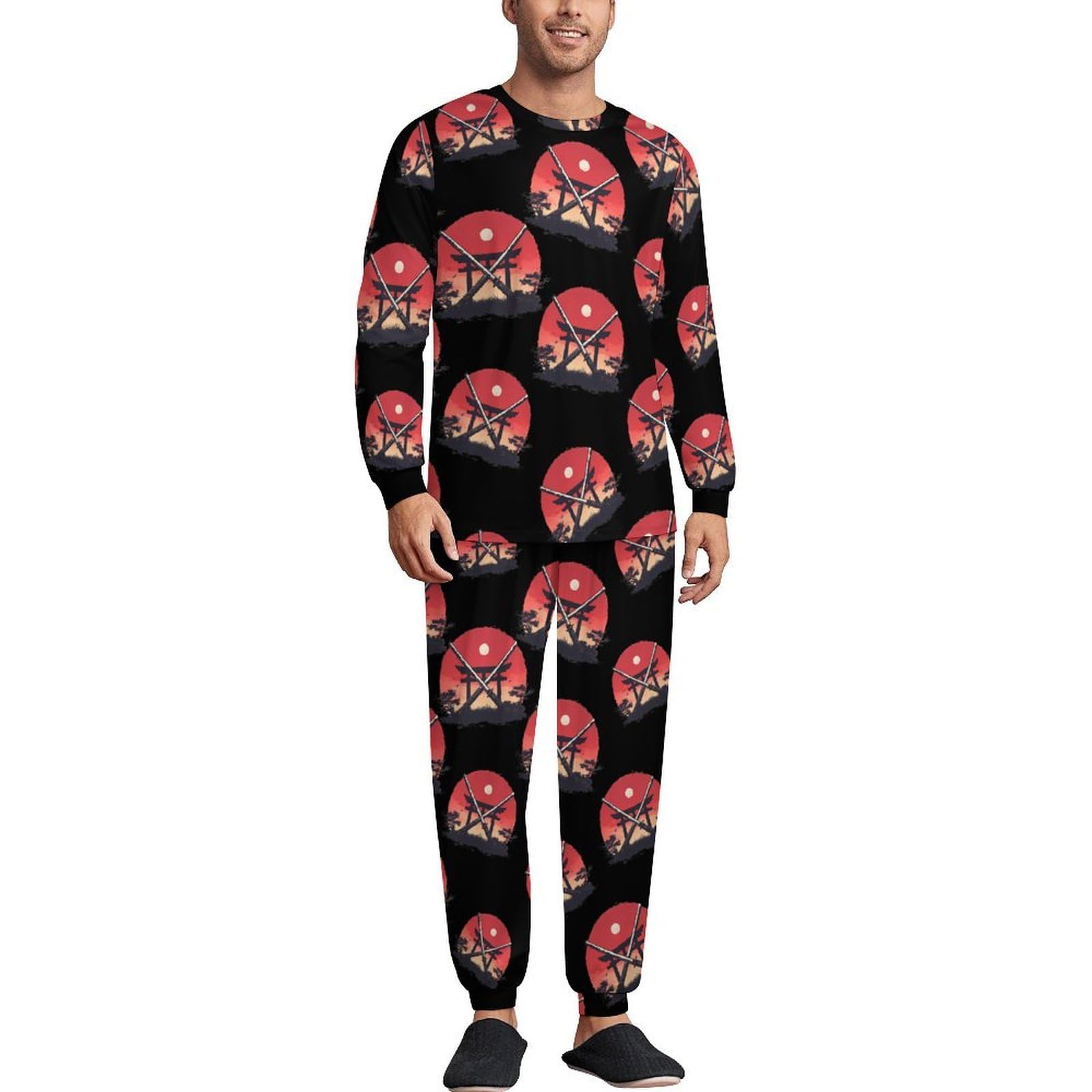 Samurai Katana Tori Gate Soft Mens Pyjamas Set Loungewear Long Sleeve Round Neck Tops And Pants