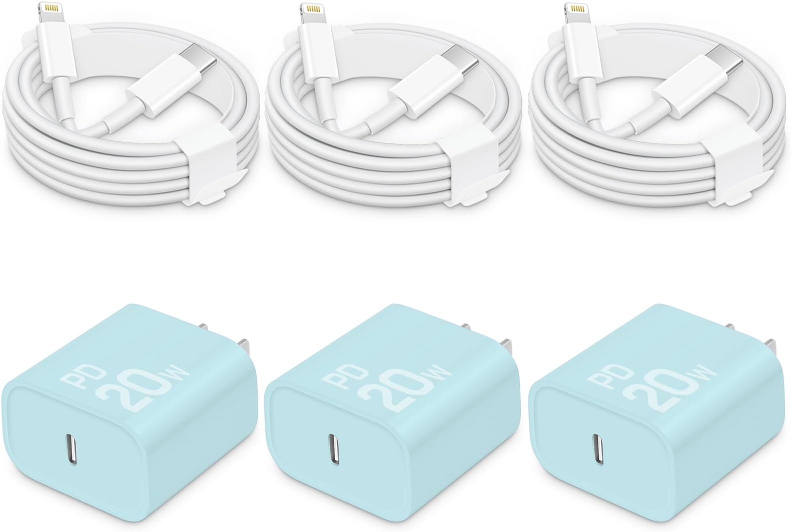Fast Charger for iPhone [3-Pack, MFi Certified], 20W USB-C PD Block with 6Ft Charging Cable Compatible with iPhone 14/13/12/11/Pro Max & iPad (Blue)