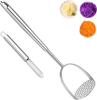 Long Handles Potato Masher with Peeler, Easy to Clean 304 Stainless Steel Mashers for Potatoes