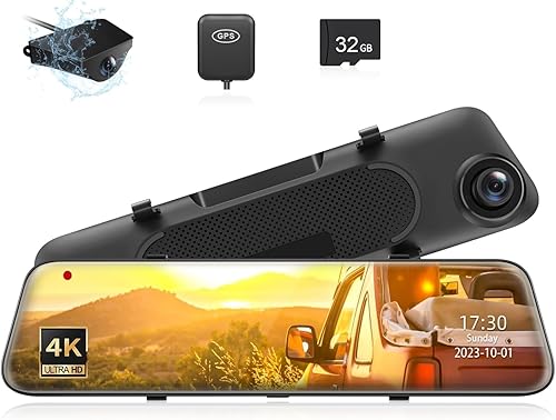 COOLCRAZY Cámara de espejo retrovisor C6 de 12 pulgadas, pantalla táctil 4K espejo Dash Cam frontal y trasera, cámara de respaldo Full HD para
