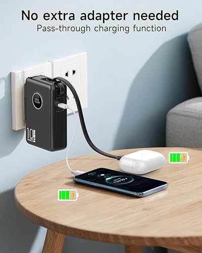 Miniatura 2 de Cargador portátil con cables integrados y enchufe de CA plegable, USB C PD 22.5 W, batería de carga rápida de 10000 mAh, banco de energía de