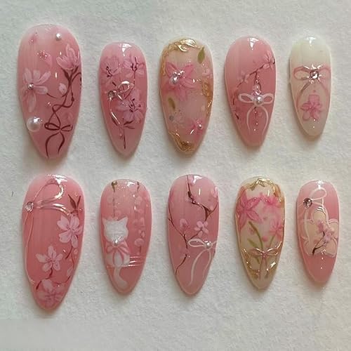 MouyouGlow Press on Nails Kurz,Almond Ombre Rose 3D Blumen Floral Katze Schleife Fliege Bow Tie Design Mandel Y2k Fake Nails mit Nagelkleber,Striped Fairy Sweet Sommer INS Künstliche Fingernägel